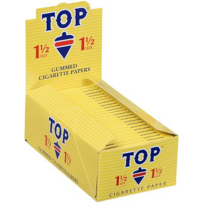 TOP Papers TOP Fine Gummed Cigarette Papers 1 1/2 24Ct, yellow packaging box with blue and red accents showing cigarette papers inside.