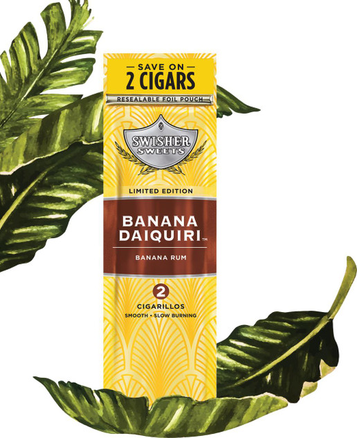 Swisher International Swisher Sweets Cigarillos Foil Banana Daiquiri 30 Pouches of 2, a yellow and brown packaging box of cigarillos with banana rum flavor, featuring a resealable foil pouch and promotional text about saving on 2 cigars.