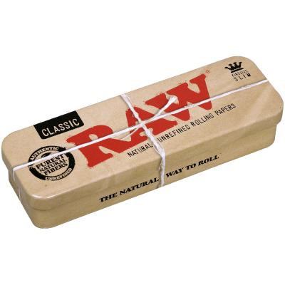 RAW Classic King Size Tins Caddy, rectangular wooden caddy with RAW branding and natural wood finish.