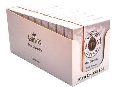 Ashton Cigars Ashton Mini Cigarillos 10 Packs of 20, product packaging with multiple small cigar packs inside a white box.