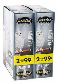 Swedish Match White Owl Cigarillos Platinum 30 Pouches of 2, packaging showing a white owl graphic and promotional offers.