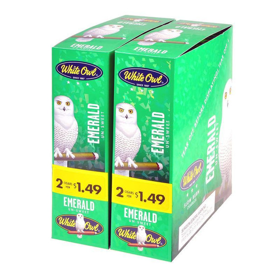 Product Swedish Match White Owl Cigarillos Emerald 30 Pouches of 2, green boxes featuring a white owl illustration and promotional price tags.