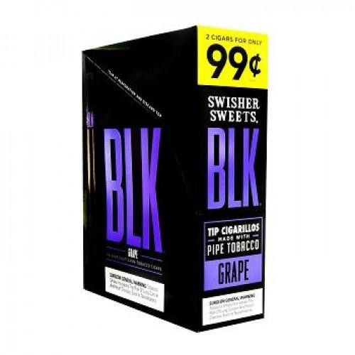 Swisher International Swisher Sweets BLK Cigars Grape Foil 15/2, a black box of grape flavored cigars with purple and white text, and promotional price of 99 cents.