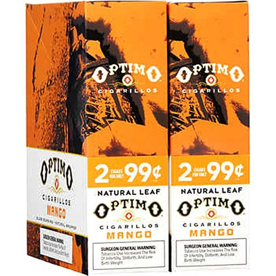 Swisher International Optimo Cigarillos Foil Pack Mango 30 Packs of 2, orange and black packaging with cigarillos images and flavor description.