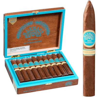 H. Upmann Made By Aj Fernandez Cigars Belicoso (box Pressed) 20 Ct. Box, opened cigar box displaying twenty cigars inside and one cigar outside the box.