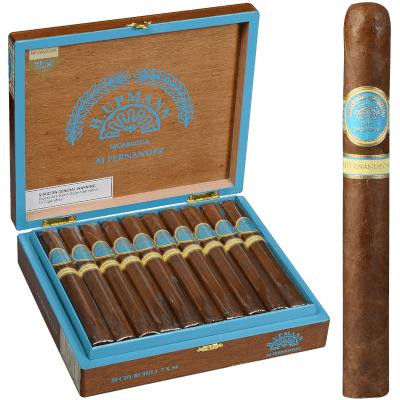 H. Upmann Made By AJ Fernandez Cigars Churchill 20 Ct. Box 7.00X54, image of a wooden cigar box filled with cigars and a close-up of one cigar showing its band.