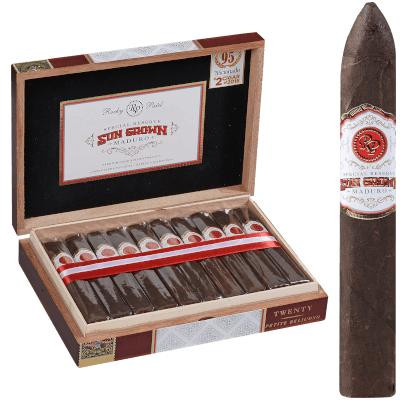 Rocky Patel Sun Grown by Rocky Patel Cigars Maduro Petite Belicoso 20 Ct. Box 5.50X52, showcasing the cigar box with cigars and a single cigar adjacent.