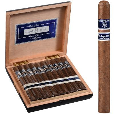 Rocky Patel Vintage 2003 Cigars Churchill 20 Ct. Box 7.00X48, open wooden box containing 20 cigars with blue and silver bands, showcasing premium cigars for sale.
