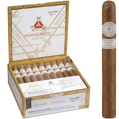 Montecristo White Cigars Churchill, 27 count box of premium cigars with open lid showing individually wrapped cigars inside, next to a single cigar for display.