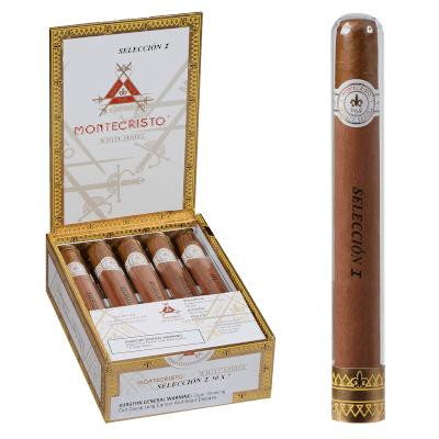 Montecristo White Seleccion I Cigar (Churchill) Tube 10 Ct, open box showing ten cigars and a single cigar standing outside the box.