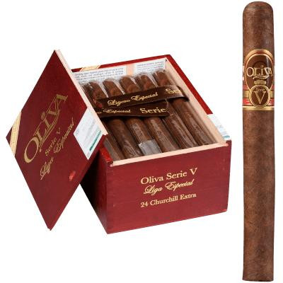 Oliva Serie V Churchill Extra Cigar Churchill 24 Ct. Box 7.00X52, a box of cigars with a few cigars displayed outside the box featuring dark brown wrappers and gold and red band.