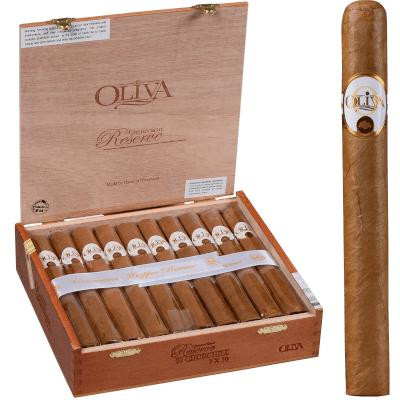 Oliva Connecticut Reserve Cigars Churchill 20 Ct. Box 7.00X50, open wooden box with 20 cigars inside and one cigar outside the box, showcasing premium cigars for smoking.