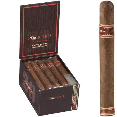 Nub Nuance Double Roast Cigar Corona 542, open box of 20 cigars with one cigar shown outside the box, featuring a brown wrapper and red and gold band.