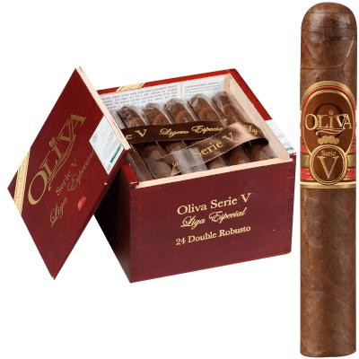 Oliva Serie V Cigars Double Robusto 24 Ct. Box 5.00X54, closed wooden box with cigars inside and a single cigar standing beside it.