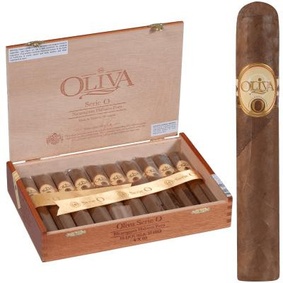 Oliva Serie O Cigars Double Toro 10 Ct. Box 6.00X60, open wooden box displaying ten cigars with a single cigar standing beside the box.
