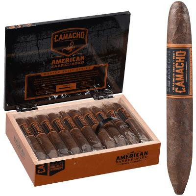 Camacho American Barrel-Aged Perfecto Cigar Gordo 20 Ct. Box, open cigar box displaying a row of cigars and one closest cigar next to the box, highlighting the product and packaging.