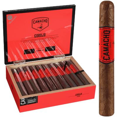 Camacho Corojo Natural Cigar Toro 20 Ct. Box, open wooden cigar box containing twenty cigars with red labels, alongside a close-up of a single cigar with a red and black band.