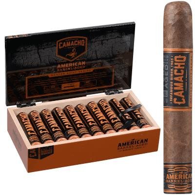Camacho American Barrel-Aged Cigar Robusto Tubos 20 Ct. Box, featuring a collection of cigars with individual packaging and an open presentation box displaying the cigars and branding.