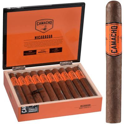 Camacho Nicaragua Cigar Churchill 20 Ct. Box, open box showcasing individually wrapped cigars with orange and black labels.