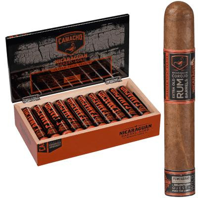 Camacho Nicaraguan Barrel-Aged Cigar Robusto Tubos 20 Ct. Box, opens to reveal individually packaged cigars with black and orange bands inside an orange box.