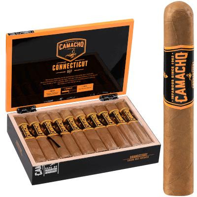 Camacho Connecticut Bxp Cigar Gordo 20 Ct. Box, showcasing a box of cigars with one cigar placed beside the box for display.