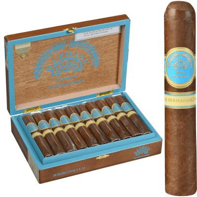 H. Upmann Made By AJ Fernandez Cigars Robusto 20 Ct. Box, open wooden cigar box with 20 cigars inside and a single cigar alongside the box showing the band.