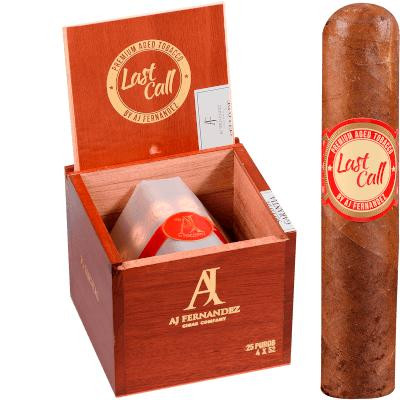 AJ Fernandez Last Call Habano by AJ Fernandez Corticas Cigars 25 Ct. Box, a wooden cigar box open displaying cigars inside, with one cigar placed outside showing its band.