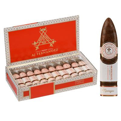 Montecristo Crafted By Aj Fernandez Cigars Figurado 10 Ct. Box, opened with cigars inside and one cigar standing outside the box showing the label and shape.