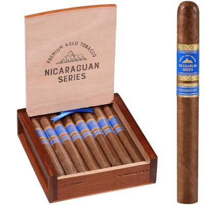 AJ Fernandez Cigars Churchill 15 Ct. Box, opened wooden cigar box with 15 cigars and a single cigar standing outside the box.