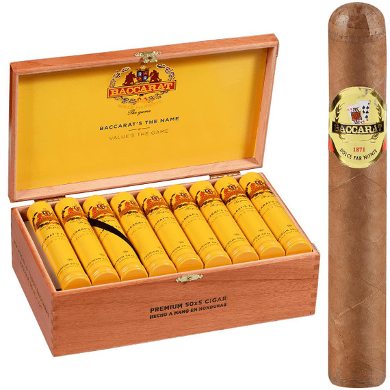 Baccarat Cigars Rothschild Natural Tubo 25 Ct. Box, a wooden box containing 25 cigars with yellow tubes, and a single cigar outside the box with a gold and black label.