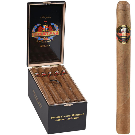 Product Baccarat Cigars Nicaragua Double Corona 7.50 x 50, a box of five cigars with a brown wrapper and the brand logo, alongside a single cigar with a similar wrapper and branded band.