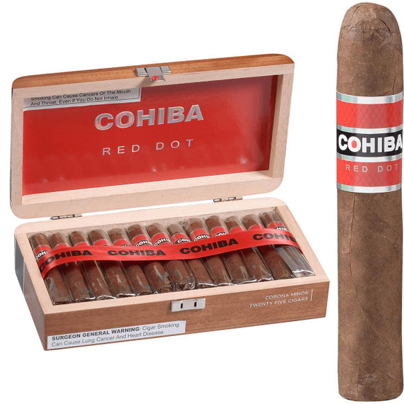 Cohiba Cigars Corona Minor 25 Ct. Box 4.00X42, shown with a wooden box containing 25 cigars and one cigar standing upright beside the box.