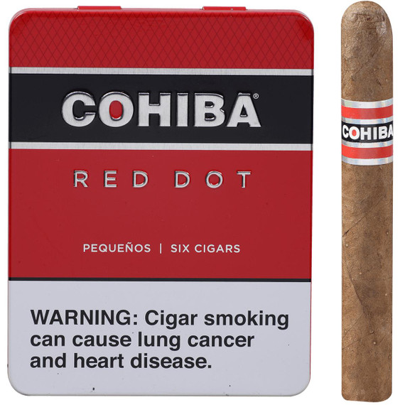 Cohiba Cigars Pequenos 5/6 Tins 4.13X34, image of a pack of six small cigars with a red, black, and silver tin box and a single cigar with a Cohiba band.