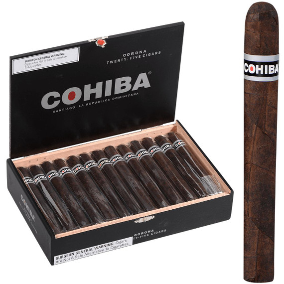 Cohiba Cigars Black Corona 25 Ct. Box 5.50X42, open box of cigars with one cigar outside, displaying dark brown wrapper and Cohiba band.