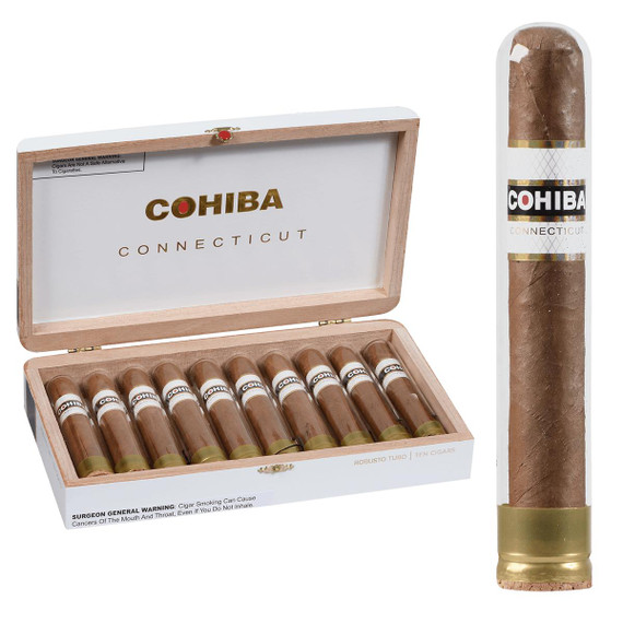 Cohiba Cigars Connecticut Robusto Tubo 10 Ct. Box 5.00x50, image showing a wooden box of ten individually wrapped cigars and a single cigar outside the box