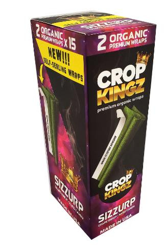 Crop Kingz Wraps, product image featuring premium organic hemp wraps in green, black, pink, and yellow packaging for Sizzurp flavor.