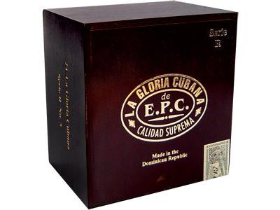 La Gloria Cubana Cigars Serie R No. 6 Natural (No Cello) 24 Ct. Box, close-up of the dark brown cigar box with gold branding and a small stamp in the lower right corner.