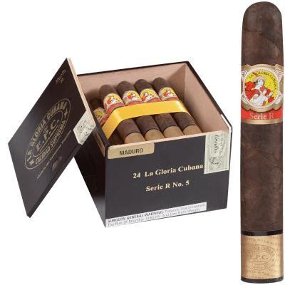 La Gloria Cubana Cigars Serie R No. 5 Maduro (No Cello) 24 Ct. Box 5.50X54, image of a box of cigars with one cigar placed beside it showing the band and size.