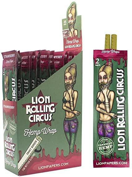 Lion Rolling Circus Hemp Wraps Strawberry 25/2, retail display of hemp wraps featuring strawberry flavor with a cartoon woman holding rolled hemp wraps.