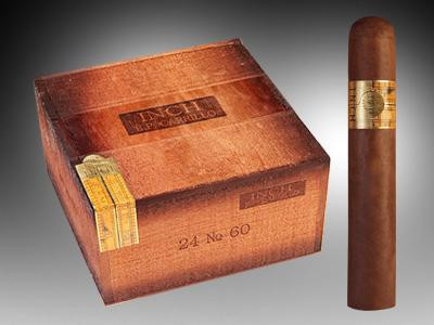 E.P Carrillo Cigars Inch Natural Cigars No.60 24 Ct. Box, wooden cigar box with the product name and number 60, alongside a single cigar with a gold band.