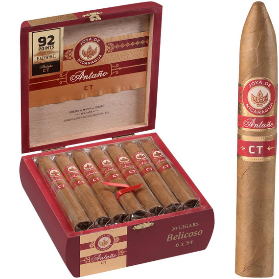 Joya De Nicaragua Cigars Connecticut Belicoso 20 Ct. Box 6.00x54, showcasing an open box of cigars and a single cigar outside the box with red and gold branding.