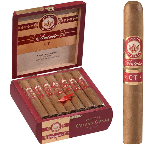 Joya De Nicaragua Cigars Connecticut Corona Gorda 20 Ct. Box 5.25x46, image of a box and a single cigar showcasing the product packaging and design.
