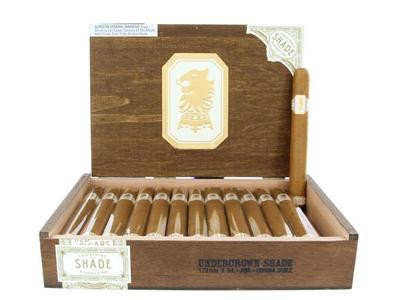 Undercrown Cigars Connecticut Shade Corona Doble 25 Ct. Box 7.00X54, wooden box with 25 cigars inside, partially open showing the cigars neatly arranged.