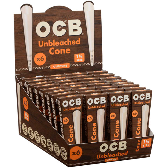 OCB Unbleached Virgin 1 1/4 Pre-rolled Cones 32/6 Ct. Display