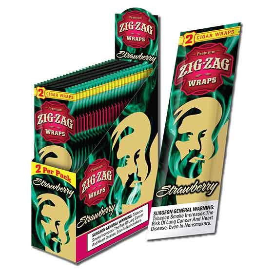 Zig Zag Wraps Strawberry 2 for 99c, a pack of fruit-flavored cigarette wraps with vibrant green and pink packaging featuring a silhouette of a man smoking.