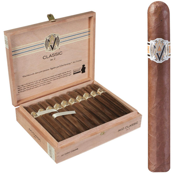 AVO Cigars Classic No. 2 Toro 20 Ct. Box 6.00X50, open wooden cigar box with barrels of cigars and a single unboxed cigar beside it.