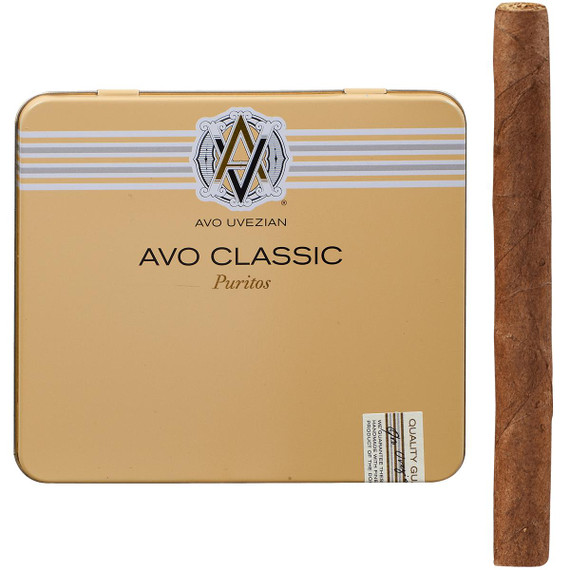 AVO Cigars Classic Puritos, image of a tin container featuring 10/10 tins of 4.00x30 cigars with a single cigar placed beside the tin.