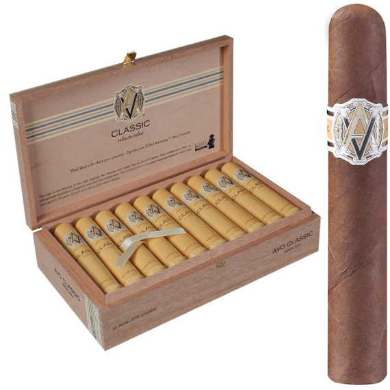 AVO Cigars Classic Robusto Tubos 20 Ct. Box, a wooden cigar box containing 20 yellow tubos cigars with the AVO logo on the labels, and a close-up of a single cigar with a white and black band.