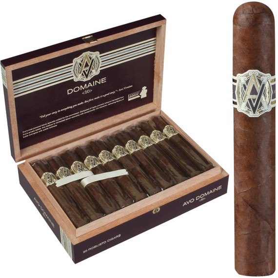 AVO Cigars Domaine <10> Robusto 20 Count Box, image showing a wooden box of dark brown cigars with gold and black labels, and a single cigar with a similar label.