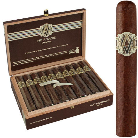 AVO Cigars Heritage Special Toro Grande 20 Ct. Box, a wooden cigar box containing twenty premium cigars with gold-embossed labels and an open lid displaying the cigars inside.